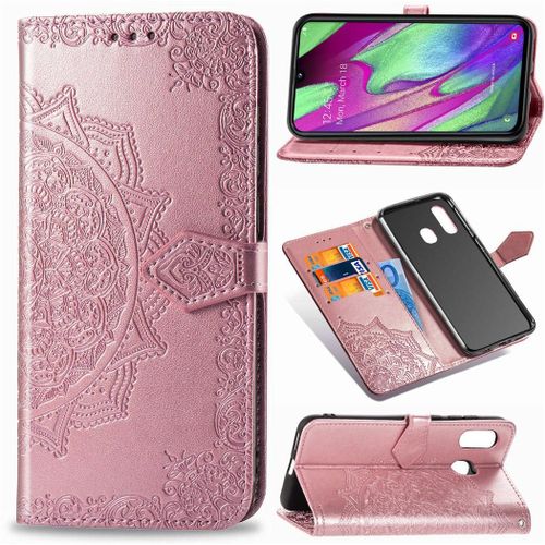 Samsung Galaxy A40 Coque, Saturcase Mandala Gaufrage Pu Cuir Magnétique Flip Portefeuille Support Porte-Carte Protecteur Coque Housse Étui Avec Dragonne Pour Samsung Galaxy A40 (Or Rose)