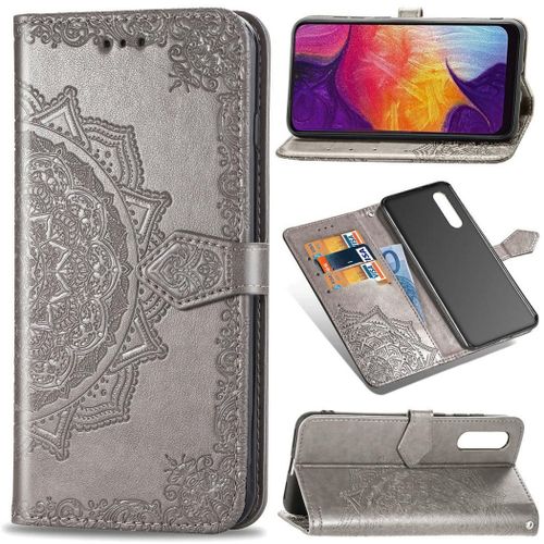 Samsung Galaxy A50 Coque, Saturcase Mandala Gaufrage Pu Cuir Magnétique Flip Portefeuille Support Porte-Carte Protecteur Coque Housse Étui Avec Dragonne Pour Samsung Galaxy A50 (Gris)
