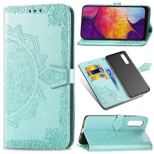 Samsung Galaxy A50 Coque, Saturcase Mandala Gaufrage Pu Cuir Magnétique Flip Portefeuille Support Porte-Carte Protecteur Coque Housse Étui Avec Dragonne Pour Samsung Galaxy A50 (Vert)