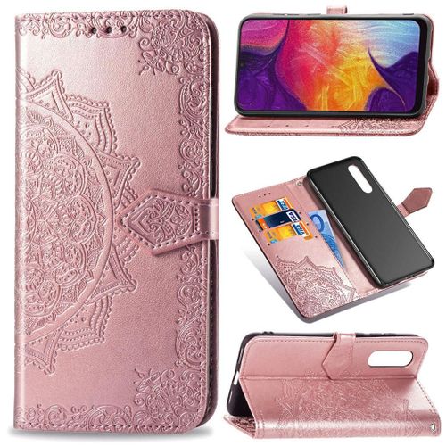 Samsung Galaxy A50 Coque, Saturcase Mandala Gaufrage Pu Cuir Magnétique Flip Portefeuille Support Porte-Carte Protecteur Coque Housse Étui Avec Dragonne Pour Samsung Galaxy A50 (Or Rose)
