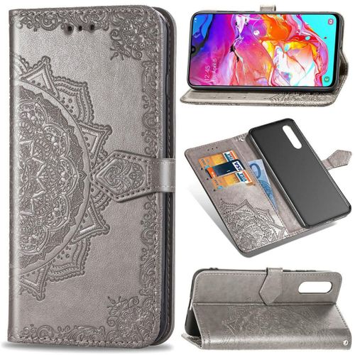 Samsung Galaxy A70 Coque, Saturcase Mandala Gaufrage Pu Cuir Magnétique Flip Portefeuille Support Porte-Carte Protecteur Coque Housse Étui Avec Dragonne Pour Samsung Galaxy A70 (Gris)