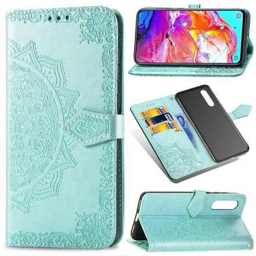 Samsung Galaxy A70 Coque, Saturcase Mandala Gaufrage Pu Cuir Magnétique Flip Portefeuille Support Porte-Carte Protecteur Coque Housse Étui Avec Dragonne Pour Samsung Galaxy A70 (Vert)