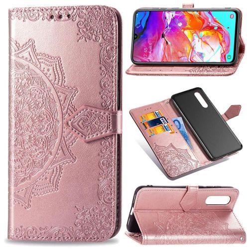 Samsung Galaxy A70 Coque, Saturcase Mandala Gaufrage Pu Cuir Magnétique Flip Portefeuille Support Porte-Carte Protecteur Coque Housse Étui Avec Dragonne Pour Samsung Galaxy A70 (Or Rose)