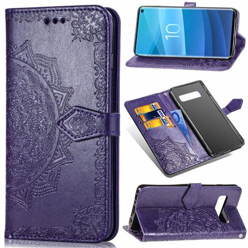 Samsung Galaxy S10e Coque, Saturcase Mandala Gaufrage Pu Cuir Magnétique Flip Portefeuille Support Porte-Carte Protecteur Coque Housse Étui Avec Dragonne Pour Samsung Galaxy S10e (Violet)