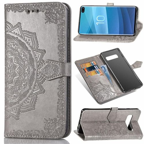 Samsung Galaxy S10 Plus Coque, Saturcase Mandala Gaufrage Pu Cuir Magnétique Flip Portefeuille Support Porte-Carte Protecteur Coque Housse Étui Avec Dragonne Pour Samsung Galaxy S10 Plus (Gris)