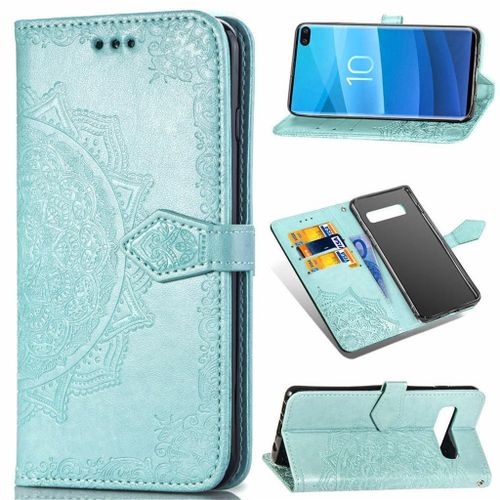 Samsung Galaxy S10 Plus Coque, Saturcase Mandala Gaufrage Pu Cuir Magnétique Flip Portefeuille Support Porte-Carte Protecteur Coque Housse Étui Avec Dragonne Pour Samsung Galaxy S10 Plus (Vert)