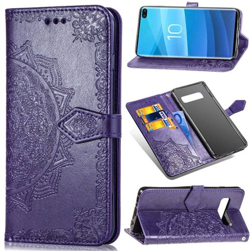 Samsung Galaxy S10 Plus Coque, Saturcase Mandala Gaufrage Pu Cuir Magnétique Flip Portefeuille Support Porte-Carte Protecteur Coque Housse Étui Avec Dragonne Pour Samsung Galaxy S10 Plus (Violet)