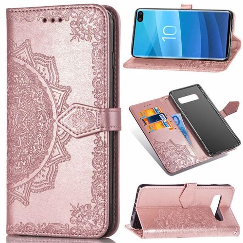Samsung Galaxy S10 Plus Coque, Saturcase Mandala Gaufrage Pu Cuir Magnétique Flip Portefeuille Support Porte-Carte Protecteur Coque Housse Étui Avec Dragonne Pour Samsung Galaxy S10 Plus (Or Rose)
