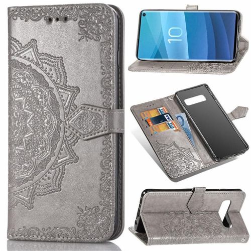 Samsung Galaxy S10 Coque, Saturcase Mandala Gaufrage Pu Cuir Magnétique Flip Portefeuille Support Porte-Carte Protecteur Coque Housse Étui Avec Dragonne Pour Samsung Galaxy S10 (Gris)