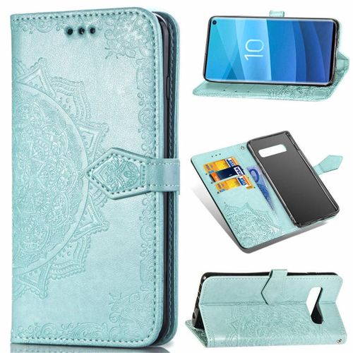 Samsung Galaxy S10 Coque, Saturcase Mandala Gaufrage Pu Cuir Magnétique Flip Portefeuille Support Porte-Carte Protecteur Coque Housse Étui Avec Dragonne Pour Samsung Galaxy S10 (Vert)