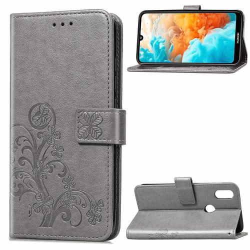 Huawei Y6 2019 Coque, Saturcase Lucky Clover Pu Cuir Magnétique Flip Portefeuille Support Porte-Carte Protecteur Coque Housse Étui Avec Dragonne Pour Huawei Y6 2019 / Y6 Prime 2019 (Gris)