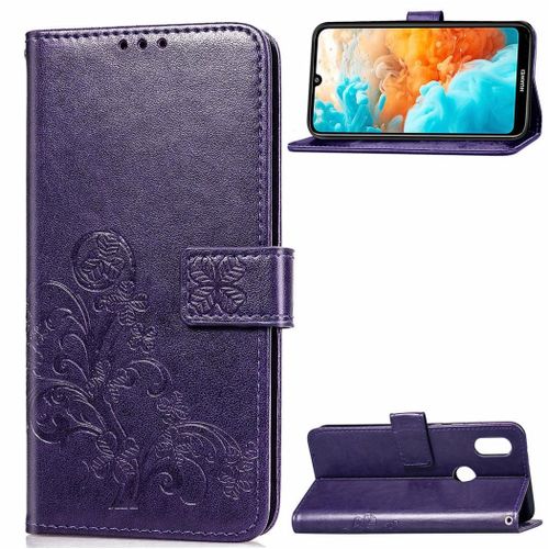 Huawei Y6 2019 Coque, Saturcase Lucky Clover Pu Cuir Magnétique Flip Portefeuille Support Porte-Carte Protecteur Coque Housse Étui Avec Dragonne Pour Huawei Y6 2019 / Y6 Prime 2019 (Violet)