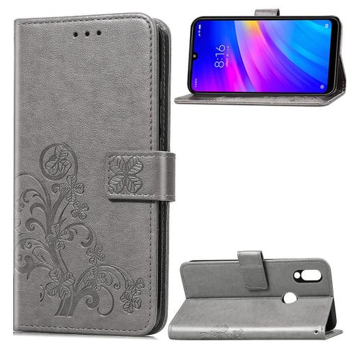 Xiaomi Redmi 7 Coque, Saturcase Lucky Clover Pu Cuir Magnétique Flip Portefeuille Support Porte-Carte Protecteur Coque Housse Étui Avec Dragonne Pour Xiaomi Redmi 7 (Gris)