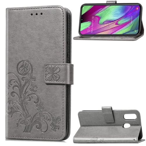 Samsung Galaxy A40 Coque, Saturcase Lucky Clover Pu Cuir Magnétique Flip Portefeuille Support Porte-Carte Protecteur Coque Housse Étui Avec Dragonne Pour Samsung Galaxy A40 (Gris)