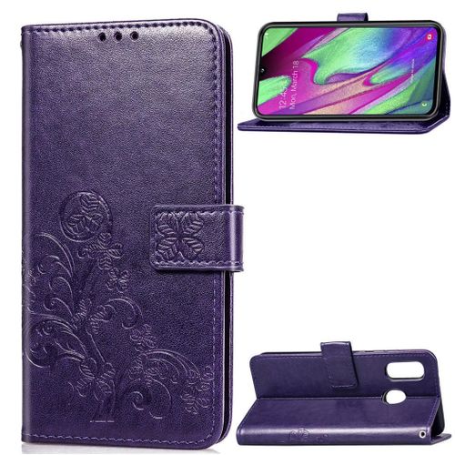 Samsung Galaxy A40 Coque, Saturcase Lucky Clover Pu Cuir Magnétique Flip Portefeuille Support Porte-Carte Protecteur Coque Housse Étui Avec Dragonne Pour Samsung Galaxy A40 (Violet)