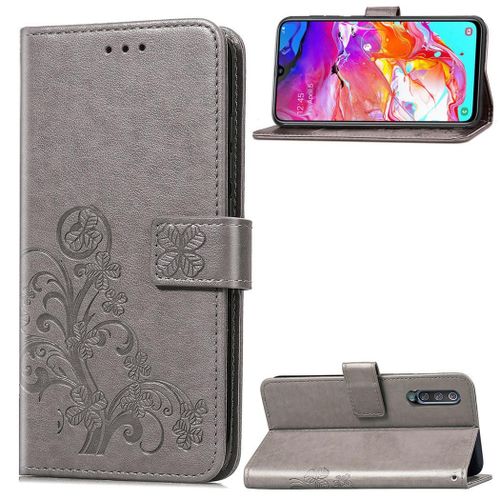 Samsung Galaxy A70 Coque, Saturcase Lucky Clover Pu Cuir Magnétique Flip Portefeuille Support Porte-Carte Protecteur Coque Housse Étui Avec Dragonne Pour Samsung Galaxy A70 (Gris)