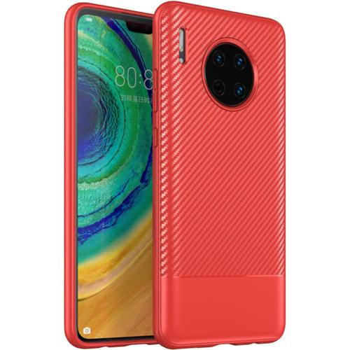 Coque Pour Huawei Mate 30 Fibre De Carbone Silicone Slim Ultra Fine Anti Choc Avec Verre Trempe Tpu Housse Coque Compatible Avec Huawei Mate 30 Antichoc Carbon Mate Mat Case Cover Rouge