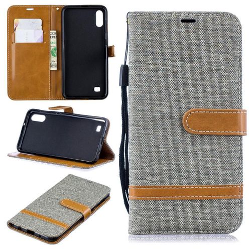 Samsung Galaxy A10 / M10 Coque, Saturcase Premium Jeans Pu Cuir Magnétique Flip Portefeuille Support Porte-Carte Protecteur Coque Housse Étui Avec Dragonne Pour Samsung Galaxy A10 / M10 (Gris)