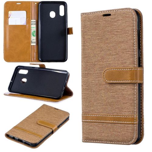 Samsung Galaxy A20 / A30 Coque, Saturcase Premium Jeans Pu Cuir Magnétique Flip Portefeuille Support Porte-Carte Protecteur Coque Housse Étui Avec Dragonne Pour Samsung Galaxy A20 / A30 (Marron)
