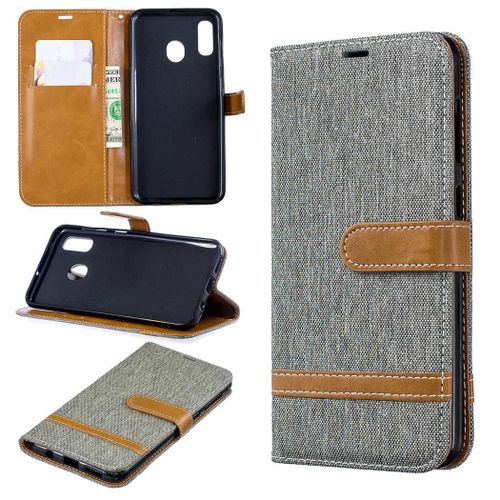 Samsung Galaxy A20 / A30 Coque, Saturcase Premium Jeans Pu Cuir Magnétique Flip Portefeuille Support Porte-Carte Protecteur Coque Housse Étui Avec Dragonne Pour Samsung Galaxy A20 / A30 (Gris)