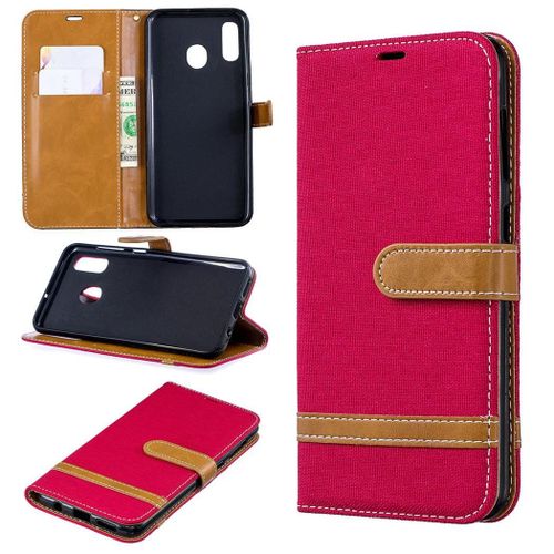 Samsung Galaxy A20 / A30 Coque, Saturcase Premium Jeans Pu Cuir Magnétique Flip Portefeuille Support Porte-Carte Protecteur Coque Housse Étui Avec Dragonne Pour Samsung Galaxy A20 / A30 (Rouge)