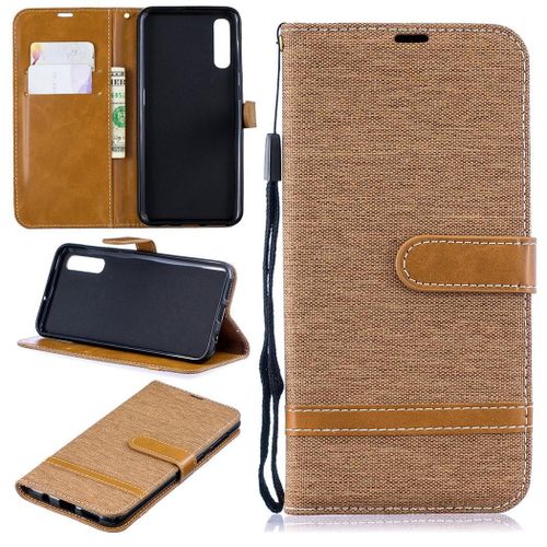 Samsung Galaxy A50 Coque, Saturcase Premium Jeans Pu Cuir Magnétique Flip Portefeuille Support Porte-Carte Protecteur Coque Housse Étui Avec Dragonne Pour Samsung Galaxy A50 (Marron)