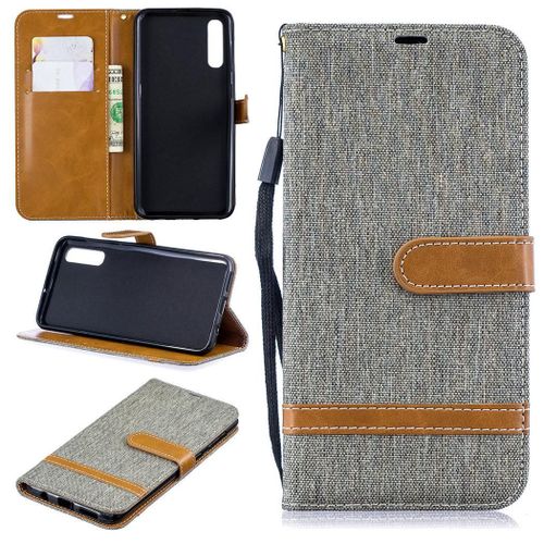 Samsung Galaxy A50 Coque, Saturcase Premium Jeans Pu Cuir Magnétique Flip Portefeuille Support Porte-Carte Protecteur Coque Housse Étui Avec Dragonne Pour Samsung Galaxy A50 (Gris)