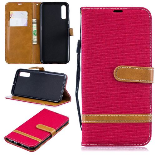Samsung Galaxy A50 Coque, Saturcase Premium Jeans Pu Cuir Magnétique Flip Portefeuille Support Porte-Carte Protecteur Coque Housse Étui Avec Dragonne Pour Samsung Galaxy A50 (Rouge)