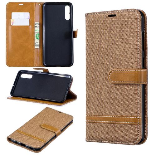 Samsung Galaxy A70 Coque, Saturcase Premium Jeans Pu Cuir Magnétique Flip Portefeuille Support Porte-Carte Protecteur Coque Housse Étui Avec Dragonne Pour Samsung Galaxy A70 (Marron)