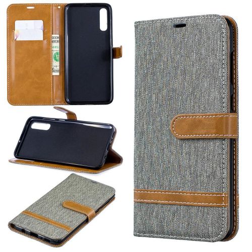 Samsung Galaxy A70 Coque, Saturcase Premium Jeans Pu Cuir Magnétique Flip Portefeuille Support Porte-Carte Protecteur Coque Housse Étui Avec Dragonne Pour Samsung Galaxy A70 (Gris)