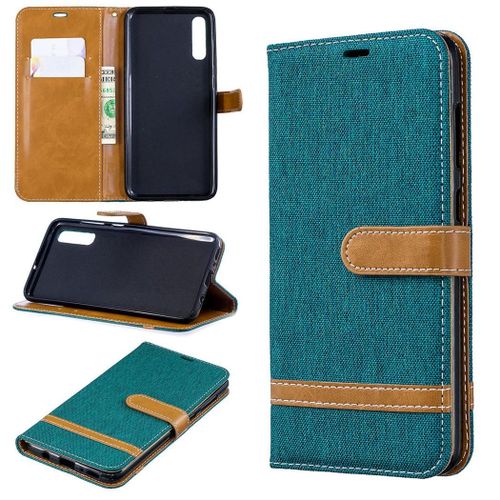 Samsung Galaxy A70 Coque, Saturcase Premium Jeans Pu Cuir Magnétique Flip Portefeuille Support Porte-Carte Protecteur Coque Housse Étui Avec Dragonne Pour Samsung Galaxy A70 (Vert)