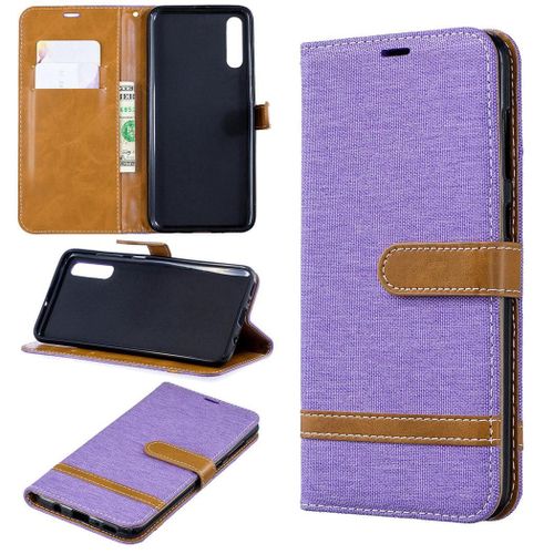 Samsung Galaxy A70 Coque, Saturcase Premium Jeans Pu Cuir Magnétique Flip Portefeuille Support Porte-Carte Protecteur Coque Housse Étui Avec Dragonne Pour Samsung Galaxy A70 (Violet)