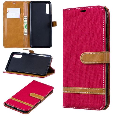 Samsung Galaxy A70 Coque, Saturcase Premium Jeans Pu Cuir Magnétique Flip Portefeuille Support Porte-Carte Protecteur Coque Housse Étui Avec Dragonne Pour Samsung Galaxy A70 (Rouge)