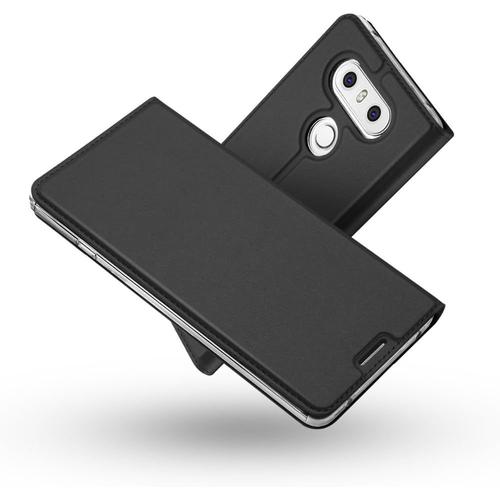 Coque Lg G6,Ultra Mince En Cuir Pu Premium Housse À Rabat Portefeuille Coque Antichoc Tpu Protection Complète Étui De Bumper Folio À Clapet Avec Fermoir Magnétique Pour Lg G6 Gris-Noir