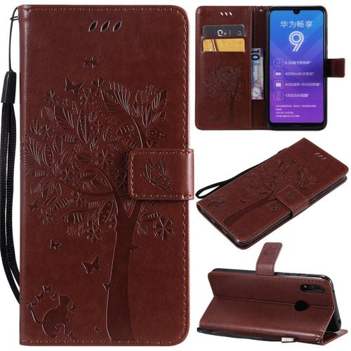 Huawei Y7 2019 Coque, Saturcase Arbre À Chat Gaufrage Pu Cuir Magnétique Flip Portefeuille Support Porte-Carte Protecteur Coque Housse Étui Avec Dragonne Pour Huawei Y7 2019 / Y7 Prime 2019 (Marron)