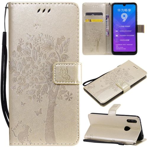Huawei Y7 2019 Coque, Saturcase Arbre À Chat Gaufrage Pu Cuir Magnétique Flip Portefeuille Support Porte-Carte Protecteur Coque Housse Étui Avec Dragonne Pour Huawei Y7 2019 / Y7 Prime 2019 (Or)