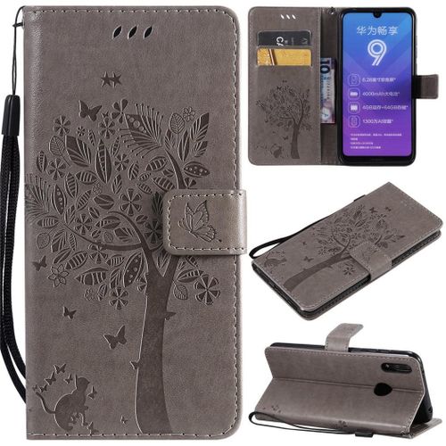 Huawei Y7 2019 Coque, Saturcase Arbre À Chat Gaufrage Pu Cuir Magnétique Flip Portefeuille Support Porte-Carte Protecteur Coque Housse Étui Avec Dragonne Pour Huawei Y7 2019 / Y7 Prime 2019 (Gris)
