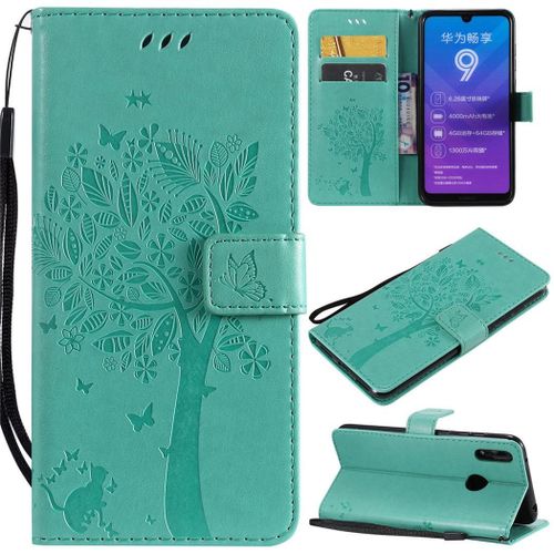 Huawei Y7 2019 Coque, Saturcase Arbre À Chat Gaufrage Pu Cuir Magnétique Flip Portefeuille Support Porte-Carte Protecteur Coque Housse Étui Avec Dragonne Pour Huawei Y7 2019 / Y7 Prime 2019 (Vert)
