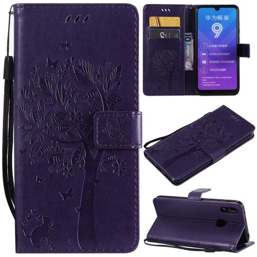 Huawei Y7 2019 Coque, Saturcase Arbre À Chat Gaufrage Pu Cuir Magnétique Flip Portefeuille Support Porte-Carte Protecteur Coque Housse Étui Avec Dragonne Pour Huawei Y7 2019 / Y7 Prime 2019 (Violet)