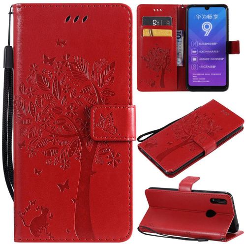 Huawei Y7 2019 Coque, Saturcase Arbre À Chat Gaufrage Pu Cuir Magnétique Flip Portefeuille Support Porte-Carte Protecteur Coque Housse Étui Avec Dragonne Pour Huawei Y7 2019 / Y7 Prime 2019 (Rouge)