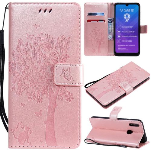 Huawei Y7 2019 Coque, Saturcase Arbre À Chat Gaufrage Pu Cuir Magnétique Flip Portefeuille Support Porte-Carte Protecteur Coque Housse Étui Avec Dragonne Pour Huawei Y7 2019 / Y7 Prime 2019 (Or Rose)