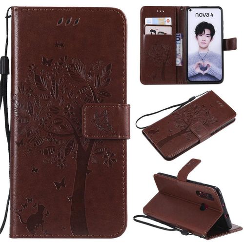 Huawei Nova 4 Coque, Saturcase Arbre À Chat Gaufrage Pu Cuir Magnétique Flip Portefeuille Support Porte-Carte Protecteur Coque Housse Étui Avec Dragonne Pour Huawei Nova 4 (Marron)