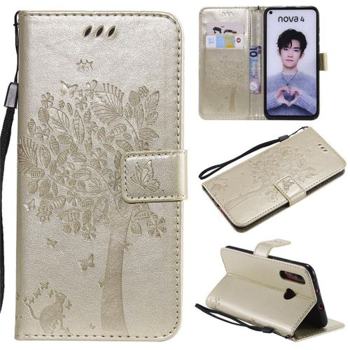 Huawei Nova 4 Coque, Saturcase Arbre À Chat Gaufrage Pu Cuir Magnétique Flip Portefeuille Support Porte-Carte Protecteur Coque Housse Étui Avec Dragonne Pour Huawei Nova 4 (Or)