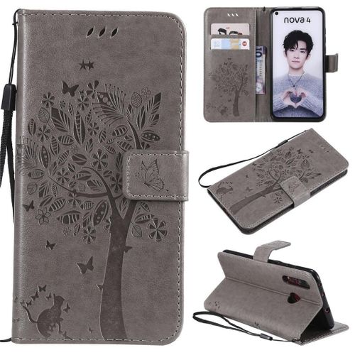 Huawei Nova 4 Coque, Saturcase Arbre À Chat Gaufrage Pu Cuir Magnétique Flip Portefeuille Support Porte-Carte Protecteur Coque Housse Étui Avec Dragonne Pour Huawei Nova 4 (Gris)