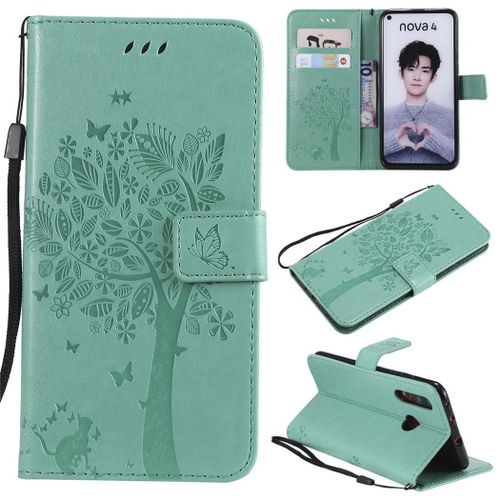 Huawei Nova 4 Coque, Saturcase Arbre À Chat Gaufrage Pu Cuir Magnétique Flip Portefeuille Support Porte-Carte Protecteur Coque Housse Étui Avec Dragonne Pour Huawei Nova 4 (Vert)