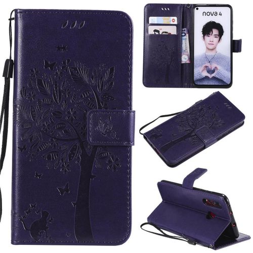 Huawei Nova 4 Coque, Saturcase Arbre À Chat Gaufrage Pu Cuir Magnétique Flip Portefeuille Support Porte-Carte Protecteur Coque Housse Étui Avec Dragonne Pour Huawei Nova 4 (Violet)
