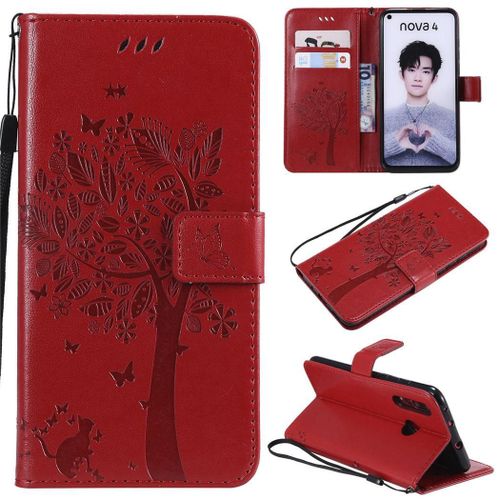 Huawei Nova 4 Coque, Saturcase Arbre À Chat Gaufrage Pu Cuir Magnétique Flip Portefeuille Support Porte-Carte Protecteur Coque Housse Étui Avec Dragonne Pour Huawei Nova 4 (Rouge)
