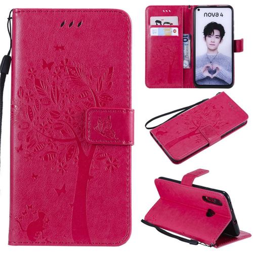 Huawei Nova 4 Coque, Saturcase Arbre À Chat Gaufrage Pu Cuir Magnétique Flip Portefeuille Support Porte-Carte Protecteur Coque Housse Étui Avec Dragonne Pour Huawei Nova 4 (Rose)