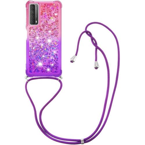 Collier Coque Pour Huawei P Smart 2021 Housse Liquide Paillette Quicksands Silicone Coque Flowing Strass Glitter Liquide Cover Antichoc Étui Souple Silicone Case Pour Smartphone Lanyard