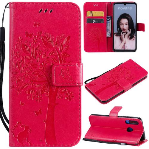 Huawei P30 Lite Coque, Saturcase Arbre À Chat Gaufrage Pu Cuir Magnétique Flip Portefeuille Support Porte-Carte Protecteur Coque Housse Étui Avec Dragonne Pour Huawei P30 Lite (Rose)